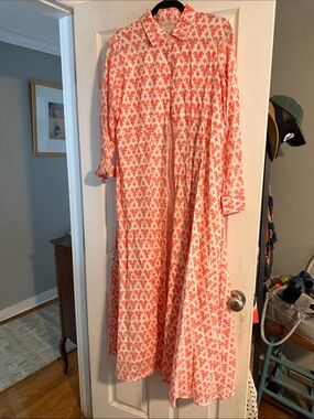 Long Button-Down Maxi Dress in Coral and White